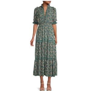 max studio smocked maxi dress ruffled collar tiered in green XS